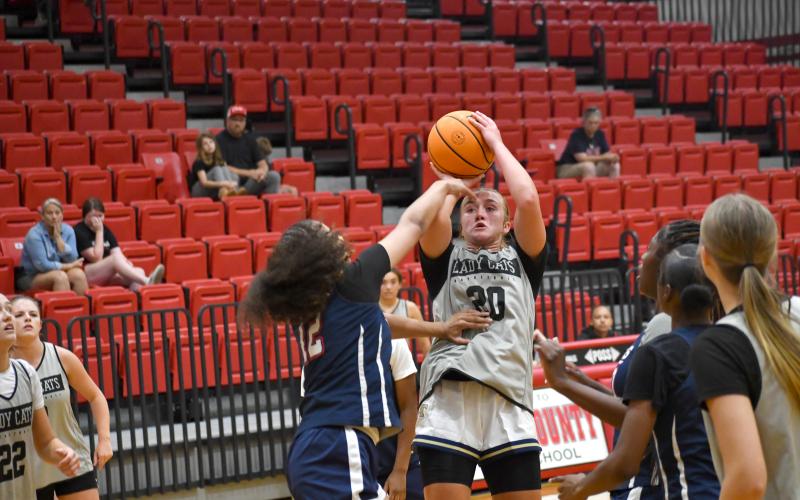 Wesley Branch/The Clayton Tribune. Rabun County rising sophomore Millie Southards rises for a jumpshot during Rabun County’s 55-50 summer scrimmage win versus Lamar County on June 15. The Lady Cats will head to Emerson, Ga., this weekend for the GBCA Live Event.