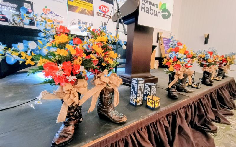 Megan Horn/The Clayton Tribune. These were many of the Western-themed decorations at the Forward Rabun/Rabun County Chamber of Commerce 2026 Awards Hoedown on Saturday, June 20. The event was held at The Dillard House Conference Center. Many attendees were dressed in Western attire.