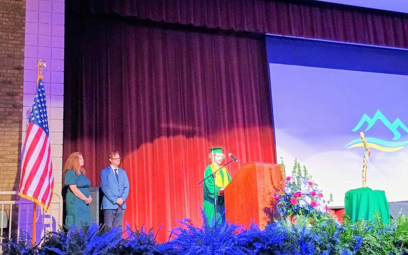 Megan Horn/The Clayton Tribune. Adaira Joelee Day was the Rabun Mountain Education Class of 2026 High Honor Graduate speaker at the Saturday, May 23, graduation ceremony. Day spoke about overcoming difficult challenges and encouraged fellow classmates to believe in themselves.