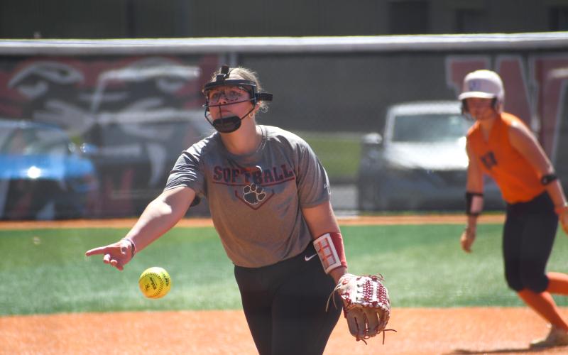 Wesley Branch/The Clayton Tribune. Rabun County rising sophomore Jalynn Gragg pitches to a Habersham Central batter during the Lady Cats’ game.