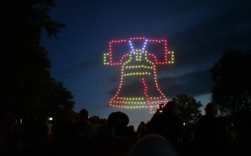 Megan Horn/The Clayton Tribune. Many patriotic images were shown during the July 1 drone show at the Stars Over Clayton Light Show Celebration at Clayton City Hall. The company, Starstruck Drone Shows, put on Clayton’s drone show.