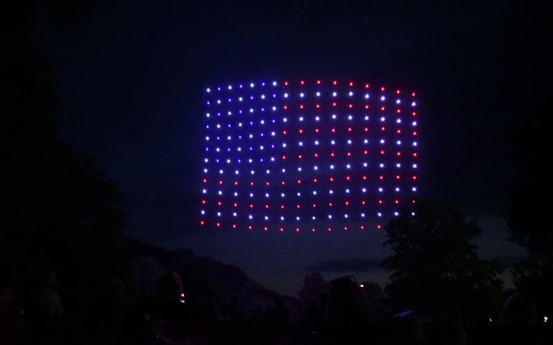 Megan Horn/The Clayton Tribune. Many patriotic images were shown during the July 1 drone show at the Stars Over Clayton Light Show Celebration at Clayton City Hall. The company, Starstruck Drone Shows, put on Clayton’s drone show.