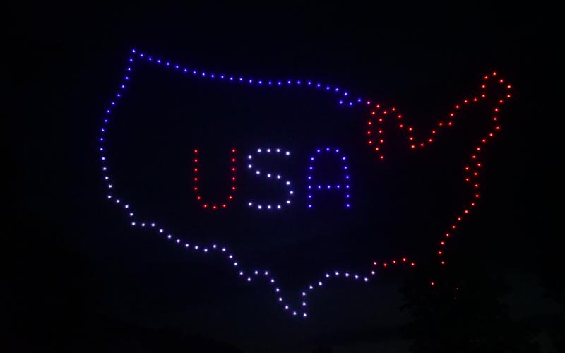 Megan Horn/The Clayton Tribune. Many patriotic images were shown during the July 1 drone show at the Stars Over Clayton Light Show Celebration at Clayton City Hall. The company, Starstruck Drone Shows, put on Clayton’s drone show.