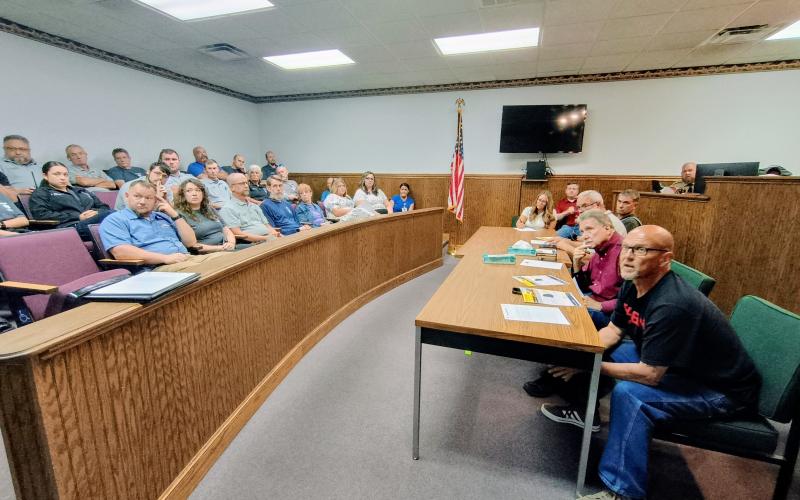 Megan Horn/The Clayton Tribune. Rabun County Commissioners meet during a special called meeting on June 30 to discuss Rabun County EMS stopping interfacility transports from Mountain Lakes Medical Center effective Aug. 14. Many EMS employees attended the meeting, along with members of the public and representatives from the hospital.