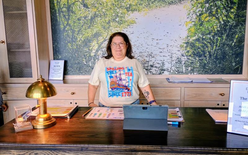 Megan Horn/The Clayton Tribune. Dillard House: A Mountain Farm Resort employee Amy Wilson is dressed in a patriotic shirt with the words “Spilling the Tea Since 1773,” referring to the Boston Tea Party.