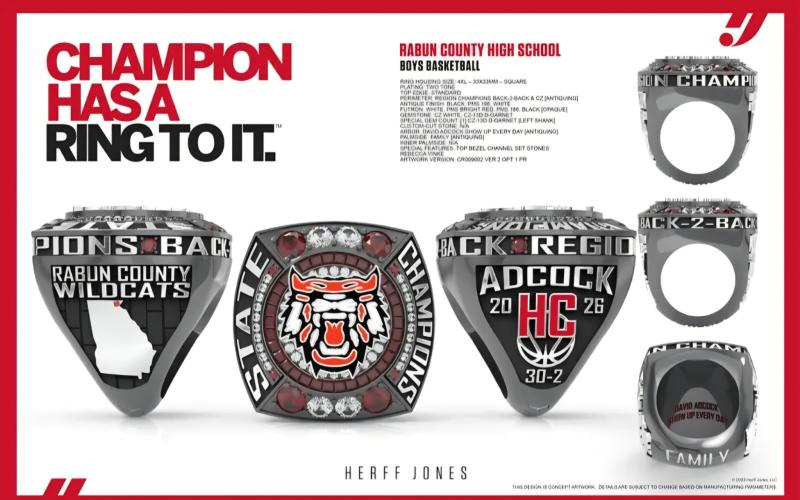 Submitted. The Rabun County boys basketball team will receive these championship rings pictured here before the opening football game on Aug. 28 at 7 p.m. The Wildcats went 30-2 last season, winning the Class A Division I state title over Southwest.