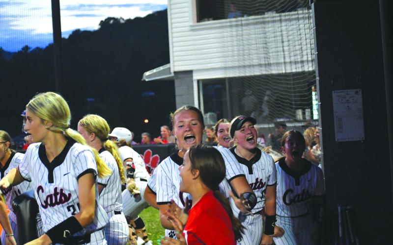 Wesley Branch/The Clayton Tribune. The Rabun County softball team celebrates in its dugout after scoring the winning run in its 15-14 victory over East Jackson on Aug. 3. The Wildcats will face Cedar Shoal High School on Aug. 7 in their next game.