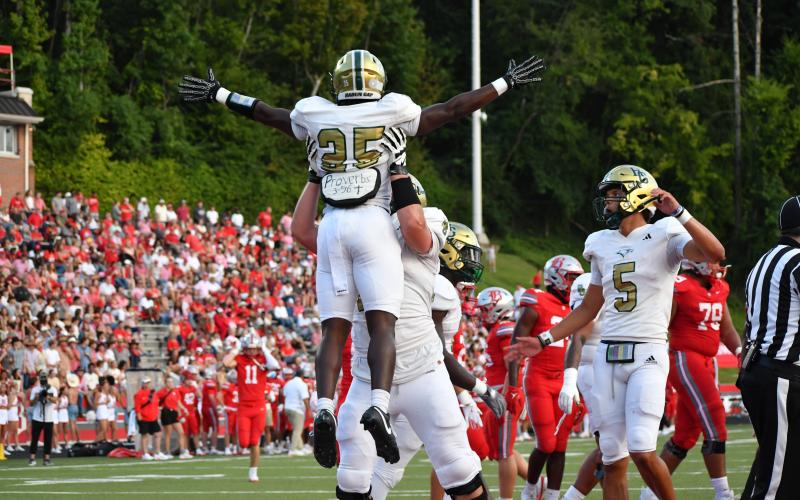 Wesley Branch/The Clayton Tribune. Rabun Gap running back Jordan Lindo celebrates after a touchdown run versus Baylor School on Aug. 29, 2025. Lindo will be the lead running back for the Eagles in 2026.