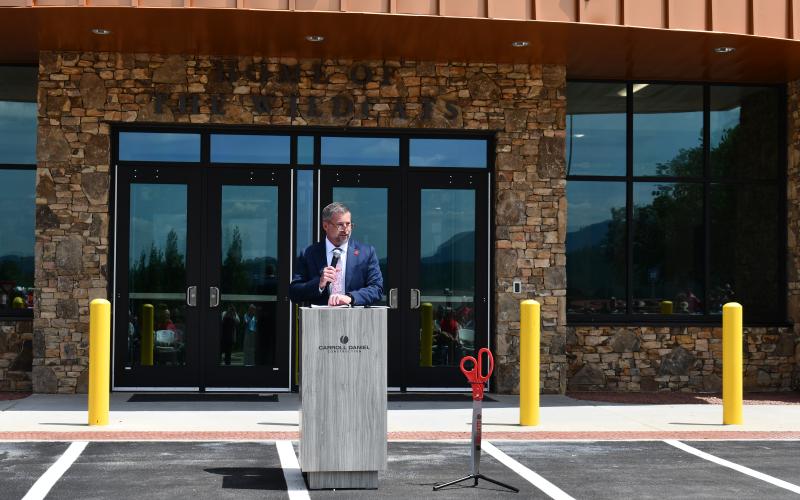 Megan Horn/The Clayton Tribune. Superintendent Steven Cole thanks community members for their support of the new Rabun County High School Academic Building during a ribbon cutting celebration on July 31.
