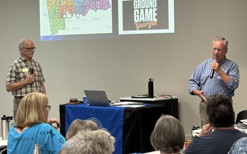 Photos courtesy the Rabun County Democratic Party. Greg Harris, leader of the Northeast Georgia chapter of the nonpartisan 50501 movement, provides information to the audience.