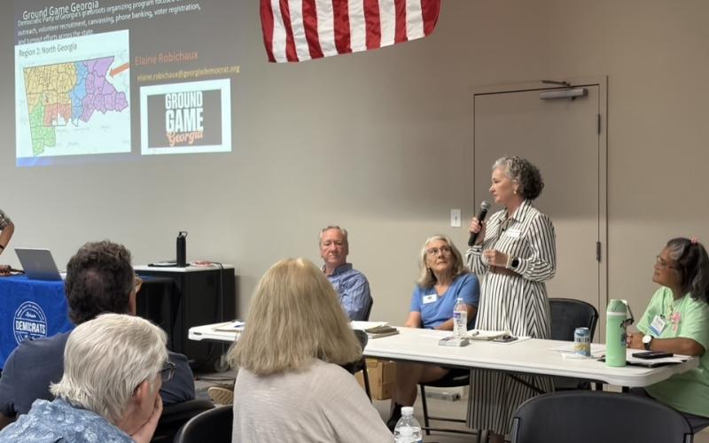 Photos courtesy the Rabun County Democratic Party. Rebecca Sims, Democratic candidate for Georgia House District 32, talks about district concerns.