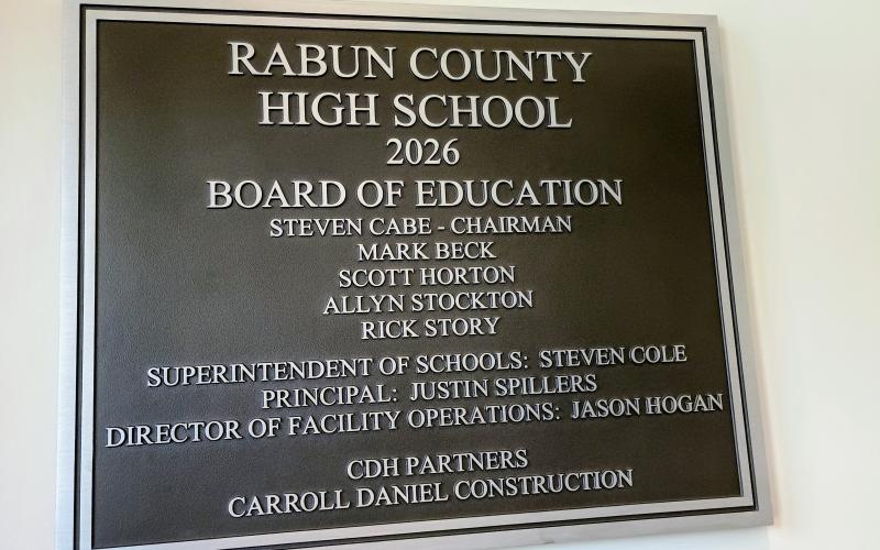 Megan Horn/The Clayton Tribune. This plaque is displayed at the front entrance of the new Rabun County High School Academic Building.