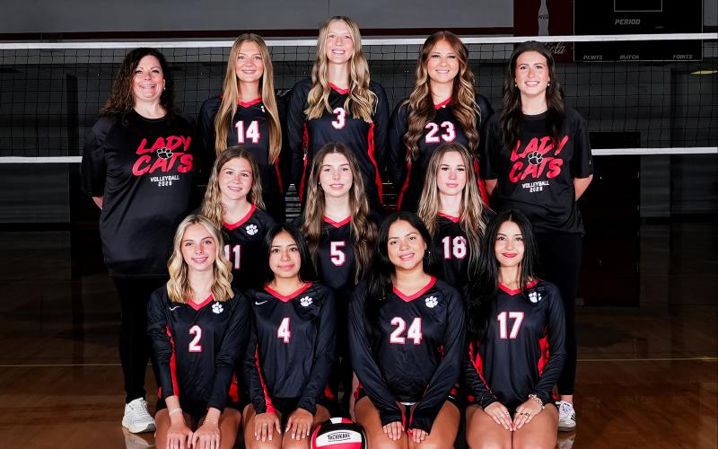 Submitted Photo. The varsity Rabun County volleyball team will be under the direction of veteran head coach April Jones. Front Row: (From left) Georgie Herb, Maria Ramos, Barbara Vargas and Ava Hickel. Middle Row: Mia Potts, Rylie Coleman and Emme Cain. Back Row: Head Coach April Jones, Lydia Gergeni, Sayler Watson, Elexa English and Coach Abbye Carver.