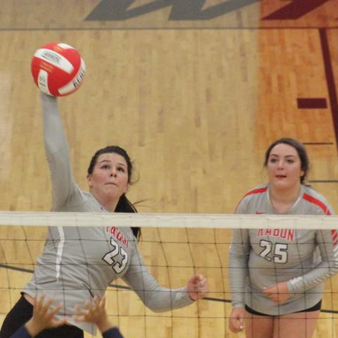 Destiny Deetz (23) attempts a kill while teammate Lyndee Hollifield (25) looks on during a match against Prince Avenue Christian at Ken Byrd Court in Tiger on Tuesday night. (Glendon Poe/The Clayton Tribune)
