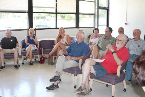Megan Broome/The Clayton Tribune. A crowd of people from the community gathers at an informational forum for aspiring candidates and listens to potential candidates running for city council seats in Clayton and Dillard on August 16 in Clayton.