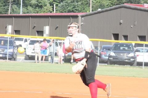 Rabun County’s Alyssa Fair pitches against Dawson at Rabun County High School in Tiger last Thursday. (Glendon Poe/The Clayton Tribune)