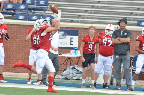 Rabun County wide receiver Tate Ramey makes a catch along the sideline during a game against Bremen in the Erk Russell Classic at Georgia Southern’s Paulson Stadium in Statesboro last Saturday night. (Wayne Knuckles/The Clayton Tribune)
