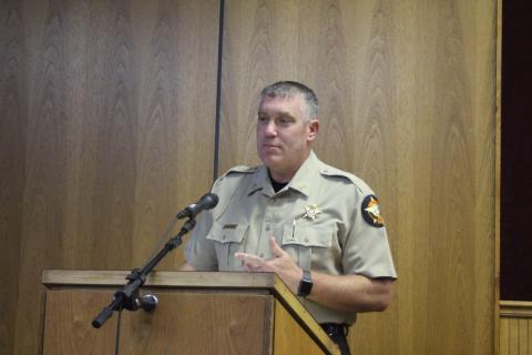 Sheriff Chad Nichols speaks to commissioners about a Peer Support Program for public safety officials at their Board of Commissioners meeting on Tuesday. 