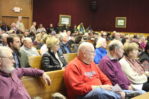 Megan Broome/The Clayton Tribune. A standing-room only crowd was on hand Tuesday night as the Rabun County Board of Commissioners passed a resolution in support of Second Amendment rights. 