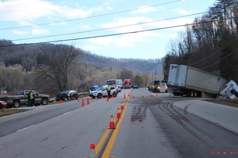 Megan Broome/The Clayton Tribune. Three people were injured in a three-vehicle accident in Mountain City Saturday. Traffic was backed up in both directions for several hours following the wreck. 