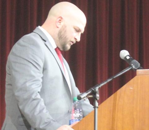 Andy Diffenderfer/The Clayton Tribune Rabun County High head football coach Jaybo Shaw addresses Wildcat players, parents and boosters Sunday at the program's award ceremony.