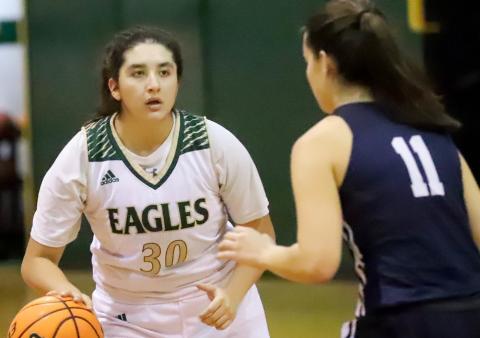 Submitted photo by Rabun Gap-Nacoochee School The Lady Eagles’ Aileen Marquez sizes up a defender in an earlier game this season.