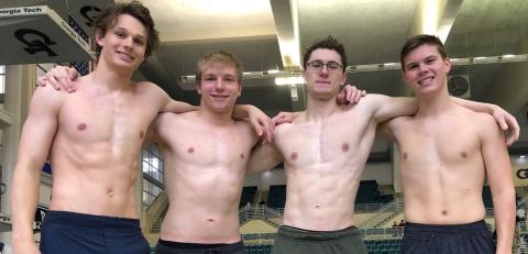 Submitted photo by Tallulah Falls School The boys 200 medley relay team is comprised of seniors Caden Griffis of Tallulah Falls, Hunter Weyrich of Alto, John Nichols of Clarkesville, and Riley Barron of Roswell. The boys swam to a sixth-place finish in 1:39.98. 