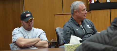 Wayne Knuckles/The Clayton Tribune County commissioners Will Nichols, left, and Kent Woerner at Friday’s emergency meeting of the Rabun County Board of Commissioners.
