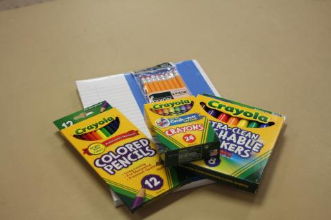 Megan Broome/The Clayton Tribune. One bag of art supplies will be provided to each family at meal distribution on Monday, April 6. Above are the art supplies added to each bag. 