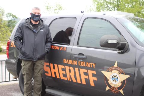 Megan Broome/The Clayton Tribune.Sheriff Chad Nichols wears a protective face mask provided by SHIELD616, an organization that provides protection for peace officers and first responders. They were purchased with fundraising money left over after 33 deputies were outfitted in rifle-rated protective equipment last August. 