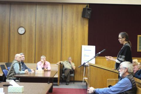 File photo. Sarah Gillespie addresses county commissioners on the proposed purchase of National Forest Land in the Boggs Mountain area at a public forum in February.