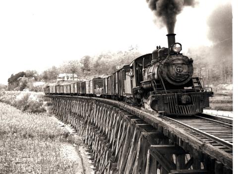A Tallulah Falls Railroad freight train crossing one of 42 wooden trestles on the line's 58-mile route from Cornelia, Ga. to Franklin, N.C. in 1940. 