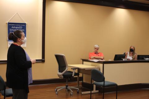 Megan Broome/The Clayton Tribune. Roxie Forrester, parent of a Rabun County Schools student, addresses Board of Education board members at their meeting last Thursday to inquire about school opening procedures and the safety measures that will be put in place to protect against the spread of COVID-19. 