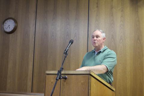Megan Broome/The Clayton Tribune. Rick Story, director of development for Rabun County, speaks to Commissioners about a partnership between Forward Rabun and the county at Tuesday’s meeting. Commissioners approved a Memorium of Understanding (MOU) contract with Forward Rabun and lease of their building at 10 Seed Tick Rd., Clayton. 