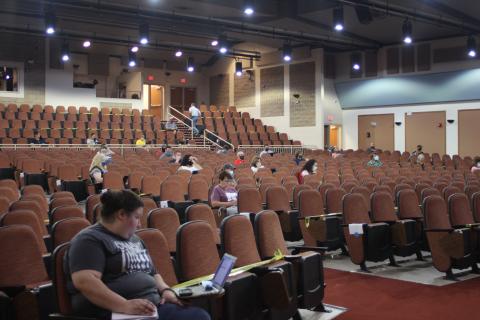 Megan Broome/The Clayton Tribune. Faculty and staff members of Rabun County Schools social distance in the school’s Fine Arts Building last Friday to attend a technology training seminar in preparation for the upcoming school year. 