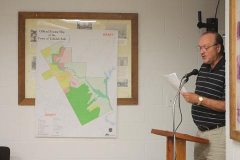 Megan Broome/The Clayton Tribune. David Irvin addresses Tallulah Falls City Council members at a meeting earlier this month where public hearings were held regarding the FY21 Budget, an amendment to the city’s zoning map and the short-term rental ordinance. Members of the public were invited to speak on each matter to express their opinions, both for and against. 