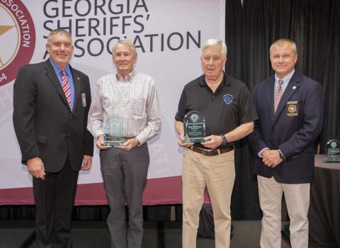 Photo courtesy Rabun County Sheriff's Office. Rabun residents Stephen Wright and Tom Madison were presented with the Meritorious Award at the Georgia Sheriffs’ Association Summer Conference at Lake Lanier recently. Above, from left: Rabun County Sheriff Chad Nichols, left, Stephen Wright, Tom Madison, and Georgia Sheriffs’ Association President and Lumpkin County Sheriff Stacy Jarrard. 