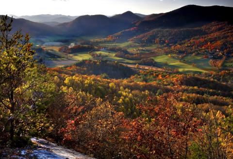 Photo courtesy Peter McIntosh. The mountain landscape of Rabun County turns to vibrant yellows, reds and oranges during the Fall. Peak leaf-looking season is usually around the end of October and first of November.