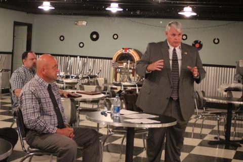 Megan Broome/The Clayton Tribune. Attorney Tom Kirkbride represents Mark Jones, write-in candidate for Sheriff, at a hearing before the Rabun County Board of Elections on Wednesday.