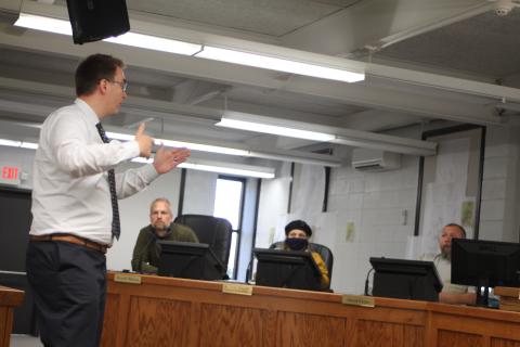 Megan Broome/The Clayton Tribune. RCWSA representative Brett Cohee addresses Clayton council members about water usage concerns at Tuesday’s city council meeting. 