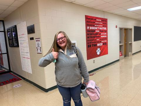 Submitted photo. Madison Griffin is excited and gives a thumbs up as she attends Rabun County Middle School Tuesday for the first day back for face-to-face instruction. 
