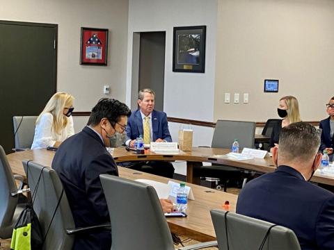 Beau Evans/Capitol Beat News Service. Gov. Brian Kemp (right) and First Lady Marty Kemp (left) led a roundtable meeting on human trafficking in Atlanta on Sept. 30, 2020. 