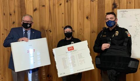 Submitted photo. Michael Palmer, president of North Georgia Mountains Lodge #112 of the Georgia State Fraternal Order of Police (FOP), left, presents Dillard Police Officer Victoria Hopper and Dillard Police Chief Jeremy Parker with ballistic vests from the FOPs “Protect the Protectors” program at last month’s Dillard City Council meeting. 