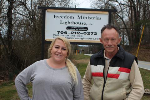 Megan Broome/The Clayton Tribune. Ashley York, left, is the case manager for the nonprofit, Christ-centered recovery residence Freedom Ministries Lighthouse and Dan Crane is the director. The nonprofit began in 2015 and has been at the facility in Lakemont for two years. 