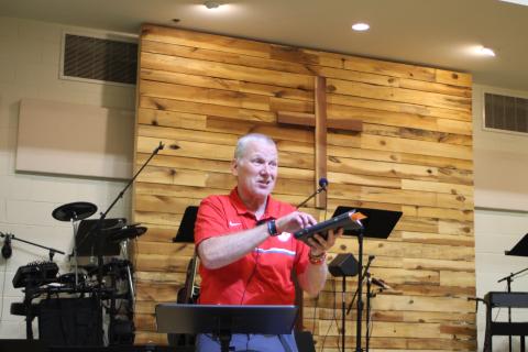 Megan Broome/The Clayton Tribune. David Rogers, associate pastor of youth and ministry at Clayton Baptist Church, preaches a sermon about church membership to the youth group last Wednesday. Rogers has served at the church for 35 years. 