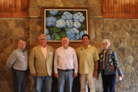 Megan Broome/The Clayton Tribune. The Rabun County GOP elected a slate of new officers at the county convention held at The Dillard House Conference Center last Saturday.  Sam Burns, immediate past chair, left, Ed Fickey, chair, Tim Wall, 1st vice chair, Ken Fortney, 2nd vice chair, and Linda Burns, treasurer. The secretary position was vacant at press time. 