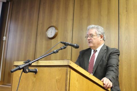 Megan Broome/The Clayton Tribune. Chief Judge Russell Smith of the Mountain Judicial Circuit addresses commissioners last Tuesday about funding for substitute judges. Commissioners approved his request of $10,000. 