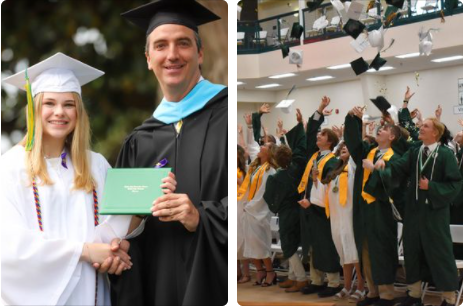 Submitted photos. (Left) Sadie Martin '21 of Clayton, Ga. receives her diploma from Head of School Jeff Miles during Rabun Gap-Nacoochee School's graduation ceremony on May 16. (Right) Tallulah Falls graduating Class of 2021 throw their caps in the air last Friday after receiving their high school diplomas. 