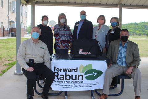 Megan Broome/The Clayton Tribune. Rick Story, director of development for Rabun County, Keri Coleman, assistant principal of Rabun County Primary School, April Childers, superintendent for Rabun County Schools, Brent Edward's, area manager for Georgia Power, Misty Houston, Rabun County Bank, Nicole Dover, director of strategy and communication at Habersham EMC, and Claude Dillard, vice president of Rabun County Bank, distribute lunches at RCPS last Thursday for Teacher Appreciation Week.