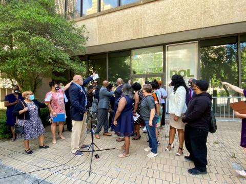 Beau Evans/Capitol Beat News Service. State lawmakers and labor advocates protest last month outside the Georgia Department of Labor office in Atlanta.